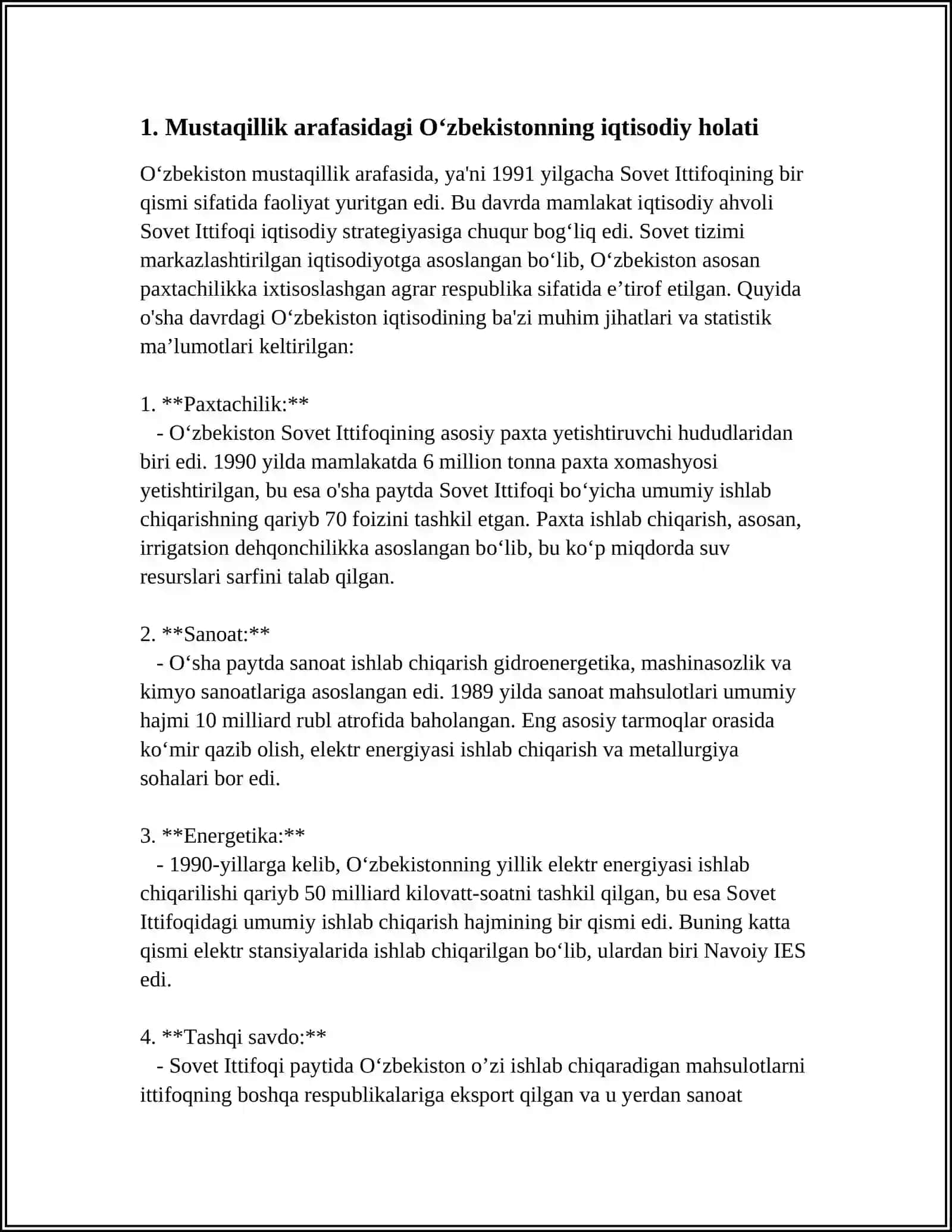 MUSTAQILLIKGA ERISHISH ARAFASIDA OʻZBEKISTONDA IJTIMOIY-IQTISODIY AHVOL 4