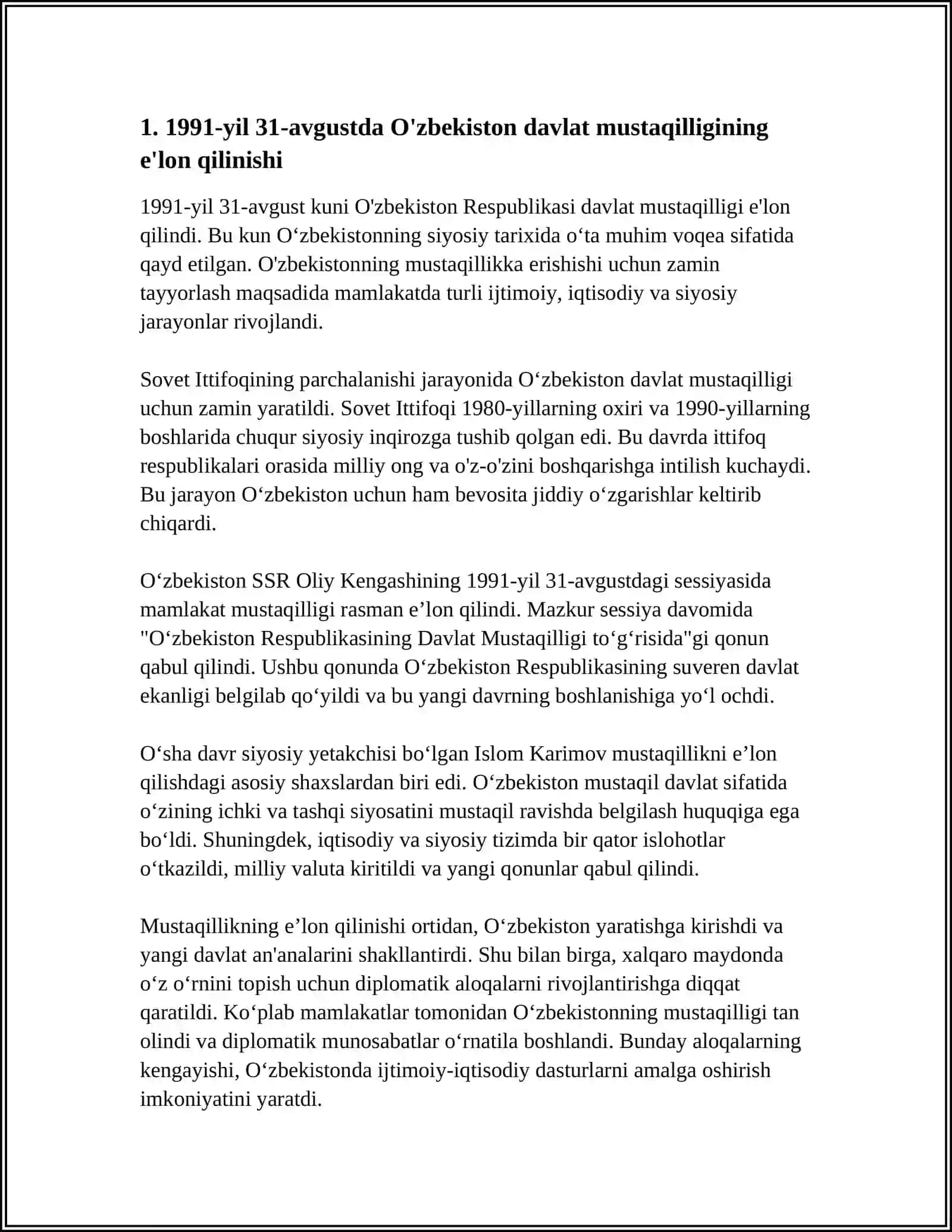O'ZBEKISTON DAVLAT MUSTAQILLIGINING E'LON QILINISHI 4