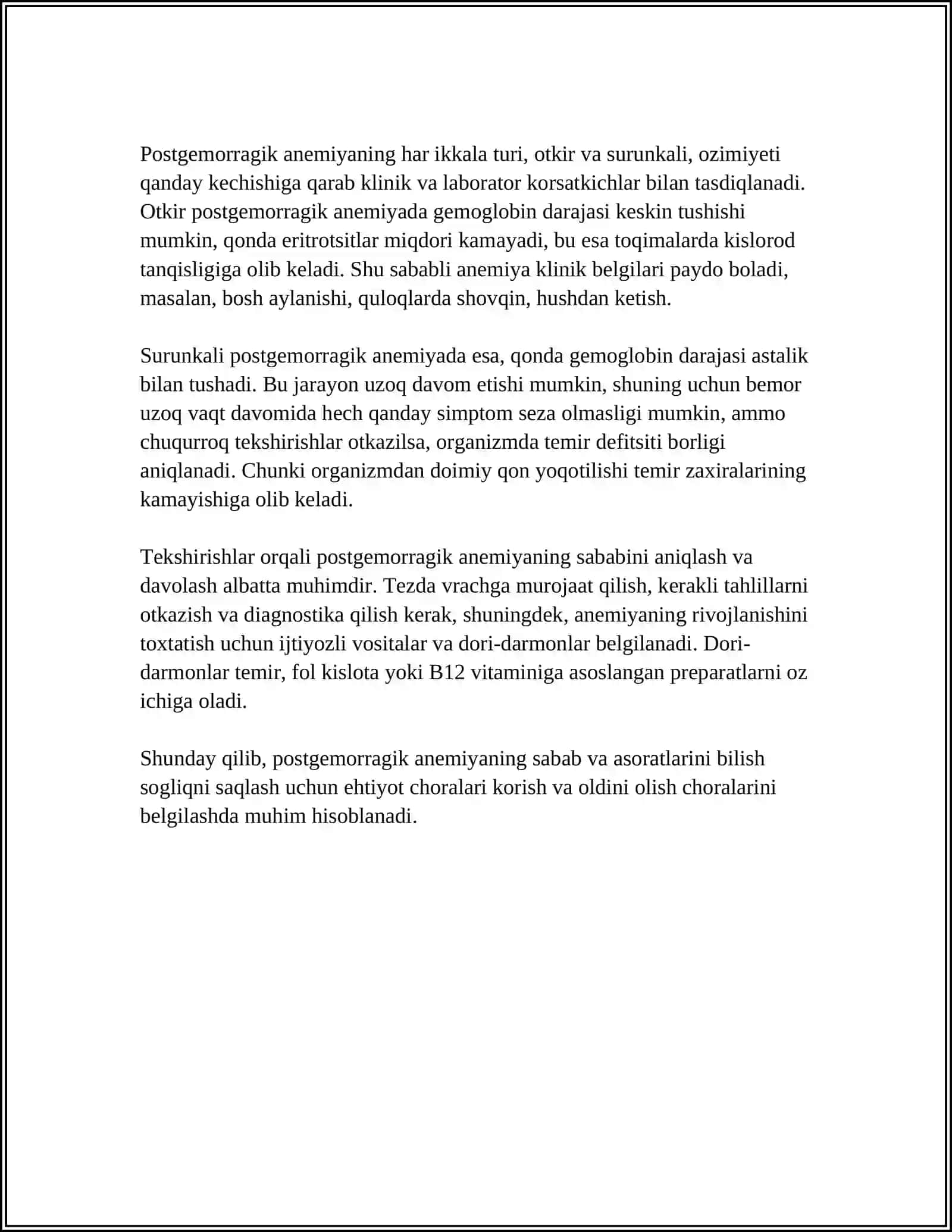 POSTGEMORRAGIK ANEMIYALARI ETIOLOGIYASI, PATOGENEZI, KLINIKA, TEKSHIRISH, DAVO USULLARI 4