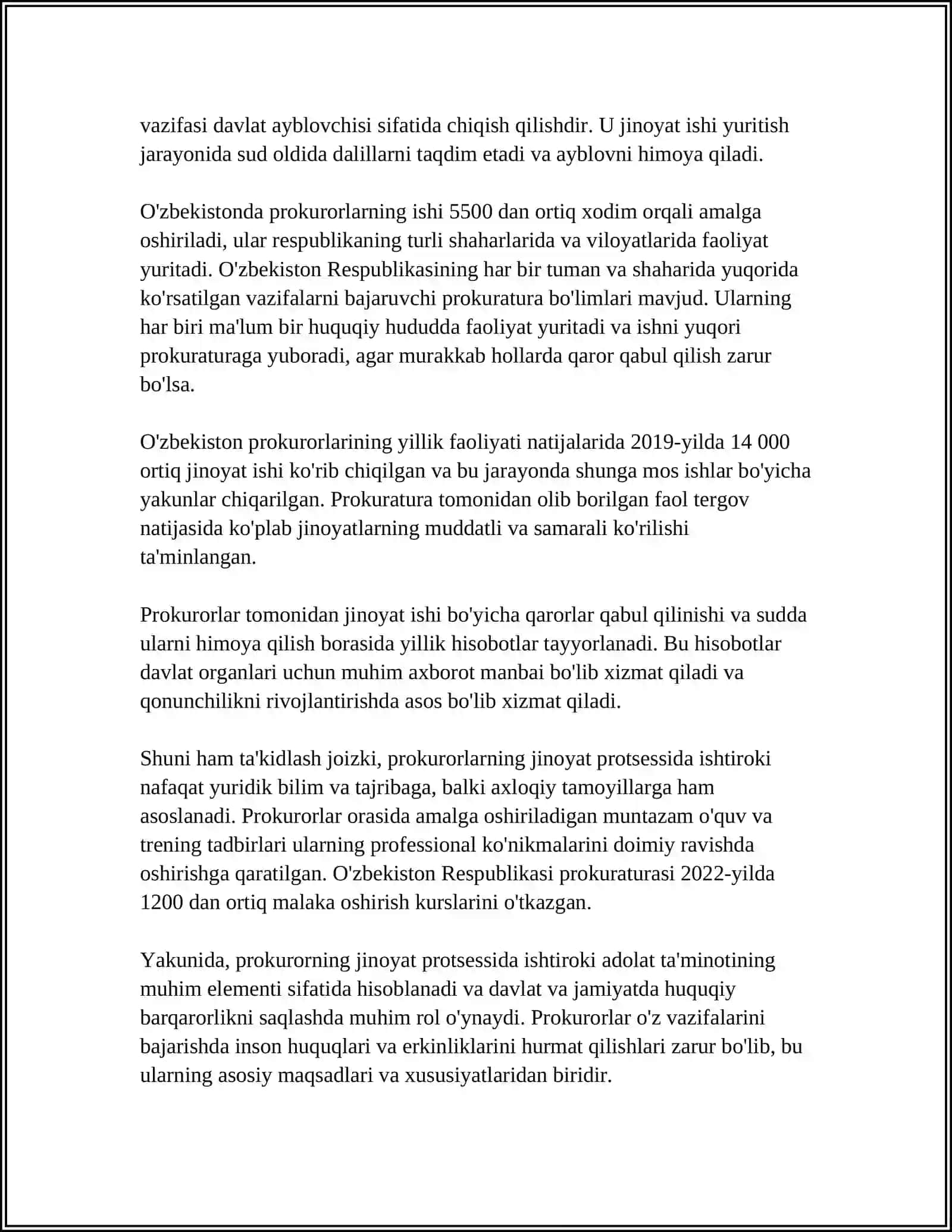 O'ZBEKISTON RESPUBLIKASI JINOYAT PROTSESSUAL HUQUQI BO'YICHA PROKUROR VA UNING VAKOLATLARI 4