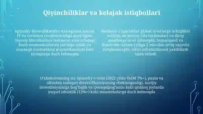 Yangi O'bekiston ijtmoyi-siyosiy iqtisodiy va madaniy hayotida ro'y bergan o'zgarishlari 4
