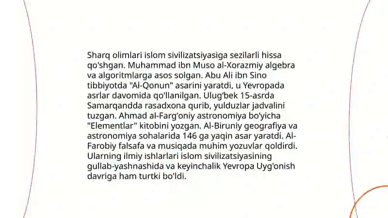 Sharq mutafakkirlarining islom sivilizatsiyasi rivojigaqo‘shgan hissalari! 4