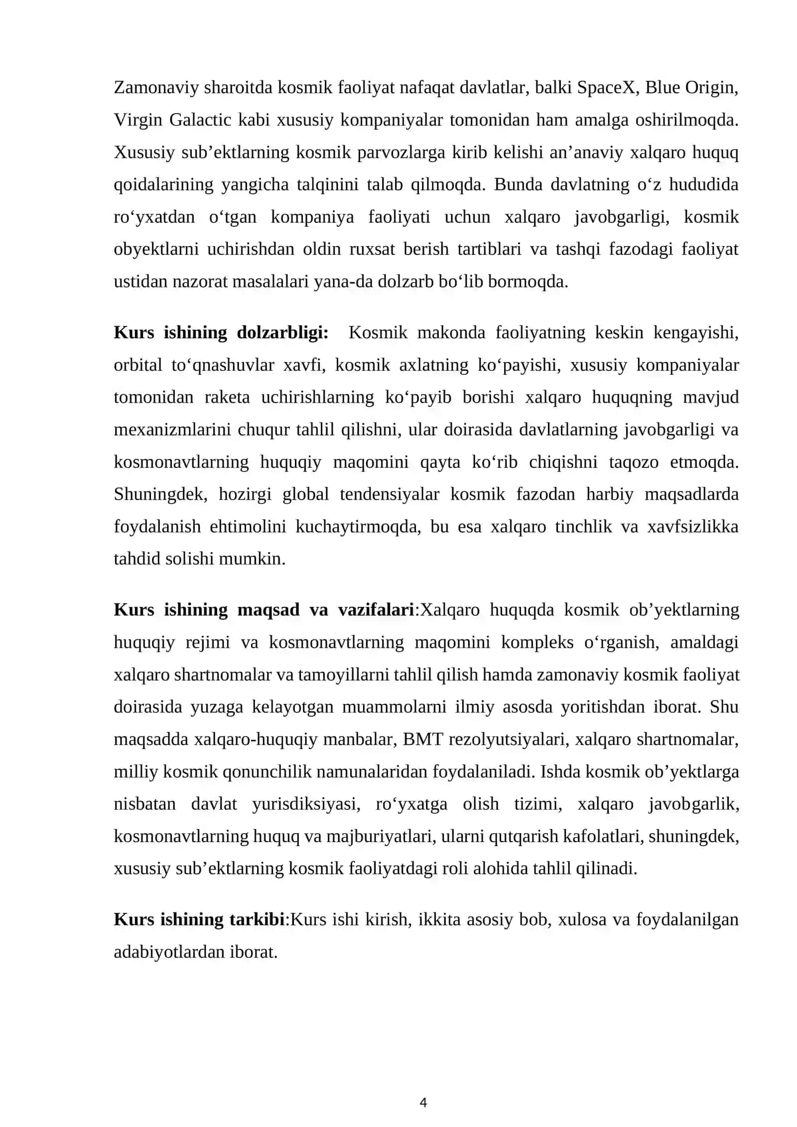 Xalqaro huquqda kosmik ob'yektlar tushunchasi va huquqiy rejimi. Kosmonavtlarning huquqiy maqomi 4