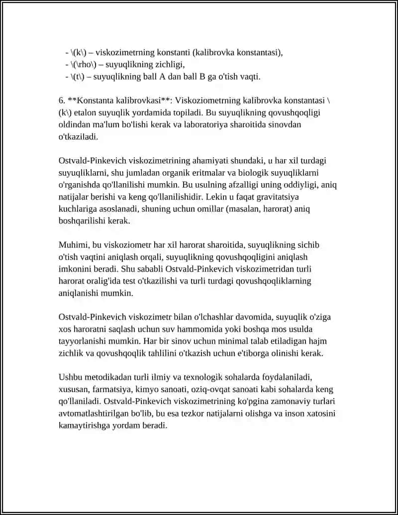 OSTVALD-PINKEVICH VISKOZIMETRI YORDAMIDA NO'MALUM SUYUQLIKNING QOVUSHQOQLIGINI ANIQLASH 4