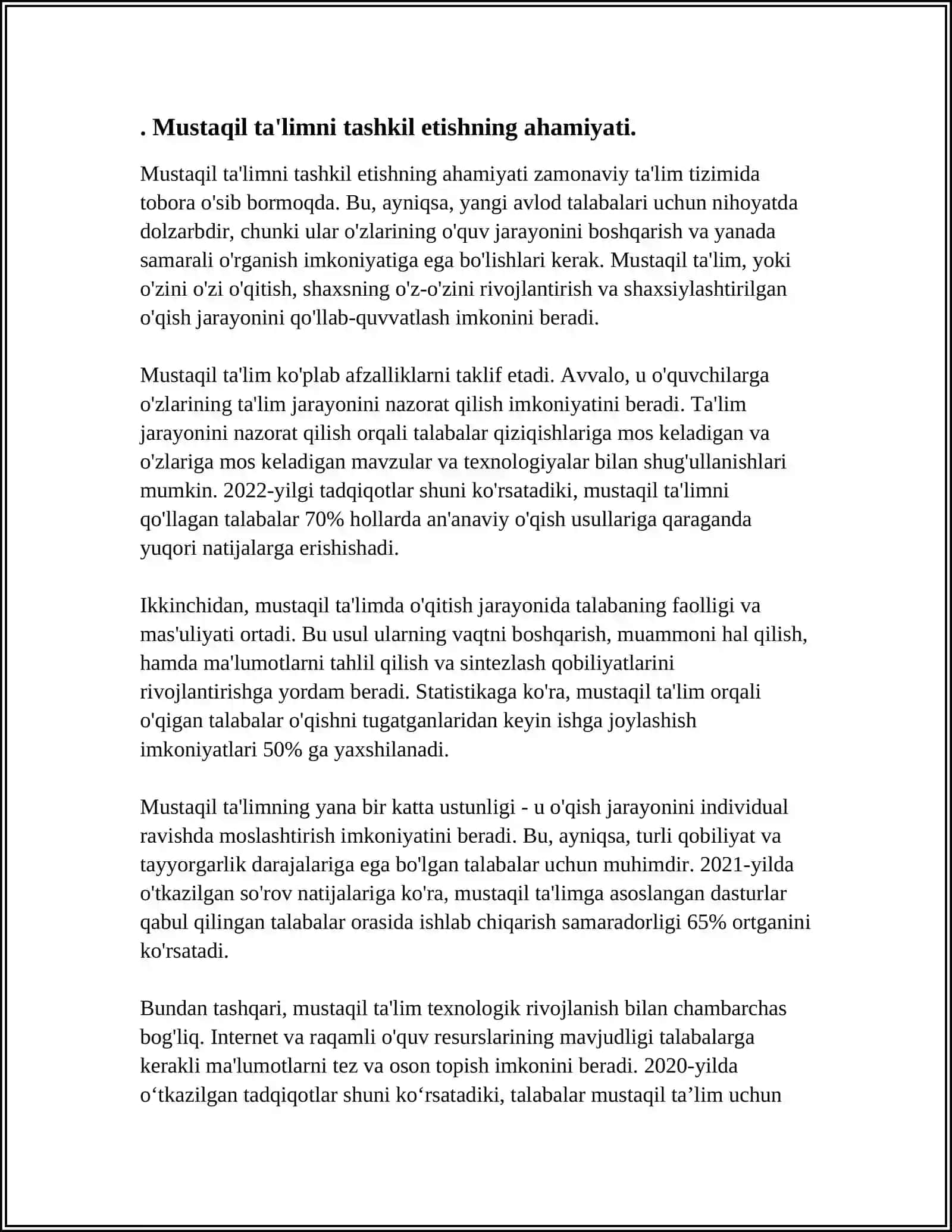 TALABALARNING MUSTAQIL TA'LIMINI TASHKIL ETISH VA NAZORAT QILISH. TALABALARNI MALAKAVIY VA PEDAGOGIK AMALIYOTGA TAYORLASH 4
