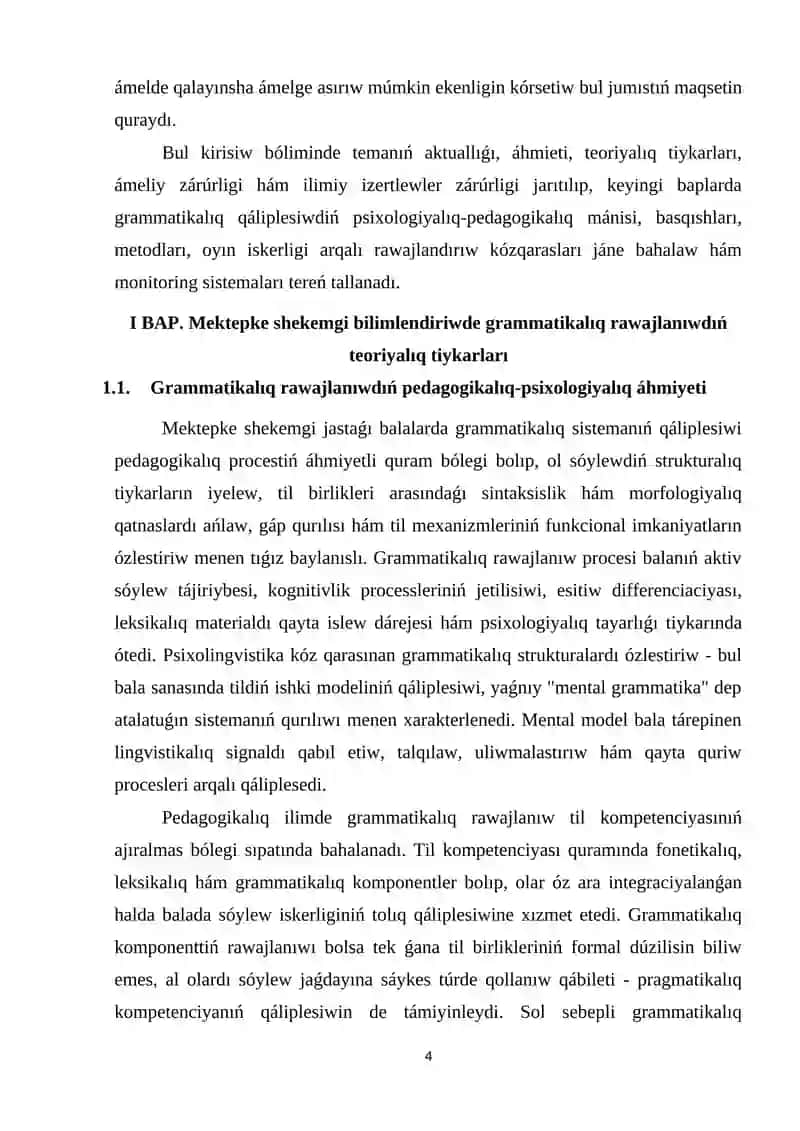 Mektepke shekemgi bilimlendiriw shólkeminde balalar tilin grammatikalıq jaqtan qáliplestiriwde dástúr talaplari 4