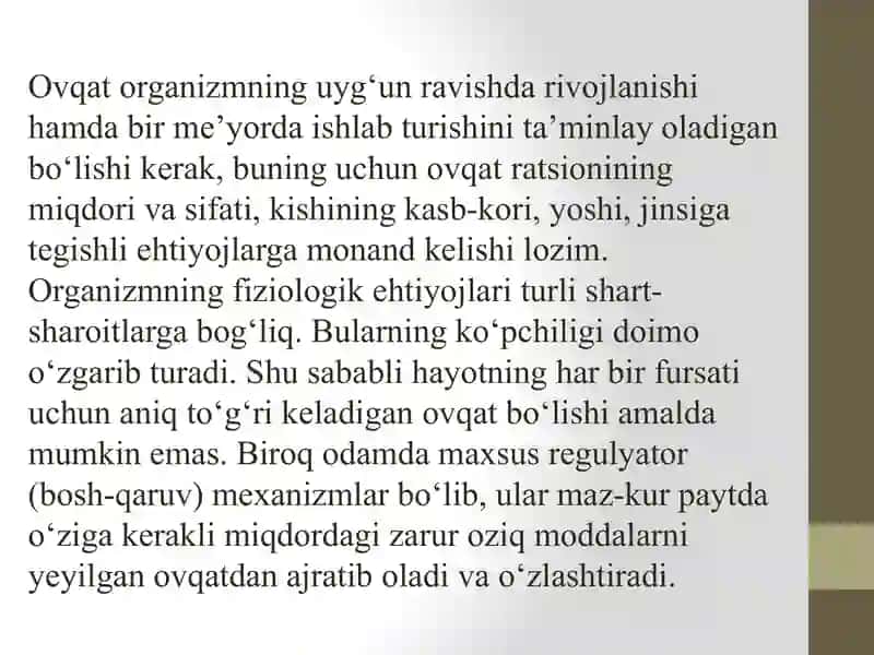 Shaxsiy ovqatlanishning adekvatligi. Yuz-jag’ jarohati patologiyasi mavjud bo’lgan hollarda ovqatlanishning o’ziga xos xususiyatlari. 4