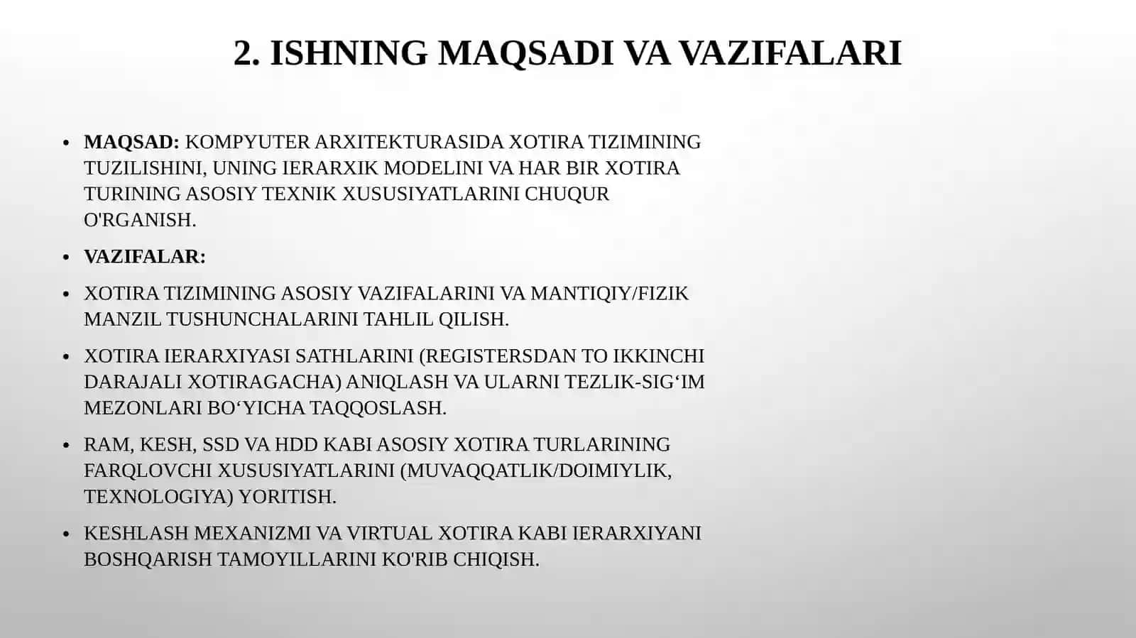 Xotirani tashkillashtirish, ierarxiya sathi va xotira turlarining asosiy xususiyatlari 4