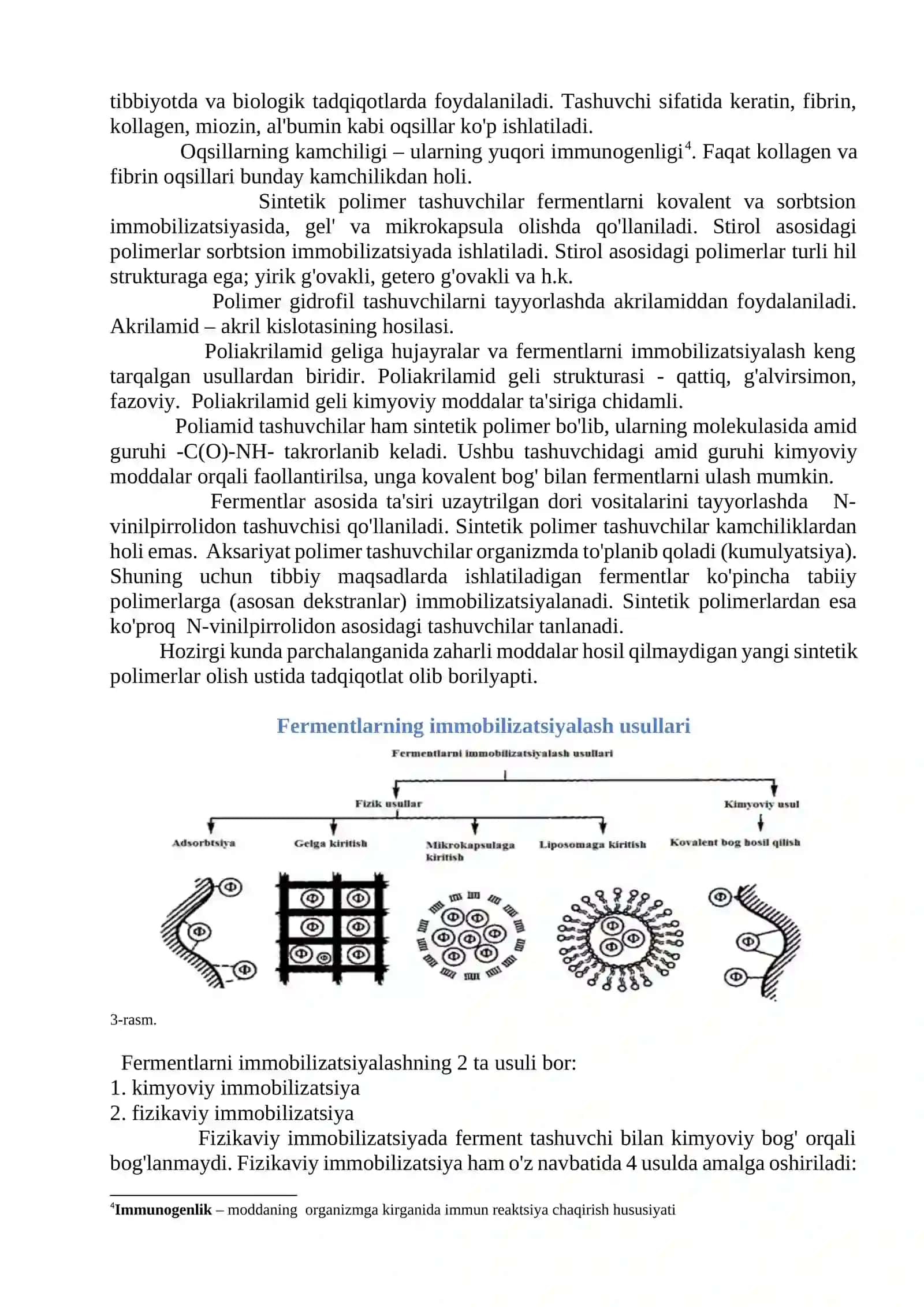 FERMENTLARNI IMMOBILIZATSIYALASH. IMMOBILIZATSIYA TURLARI. IMMOBILIZATSIYALANGAN FERMENTLAR VA ULARGA TA`SIR ETUVCHI OMILLAR 4