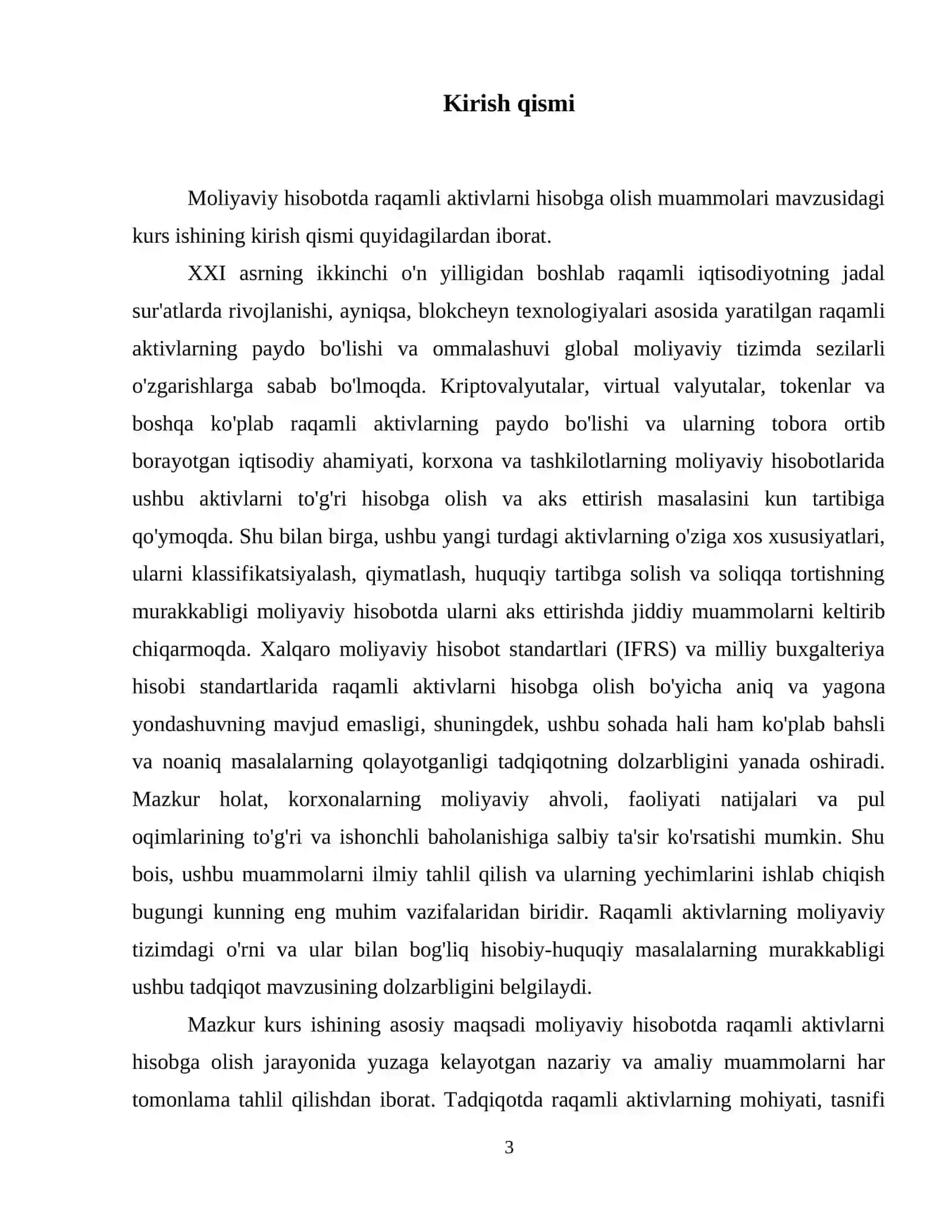 Kurs ishi: Moliyaviy hisobotda raqamli aktivlarni hisobga olish muammolari 4