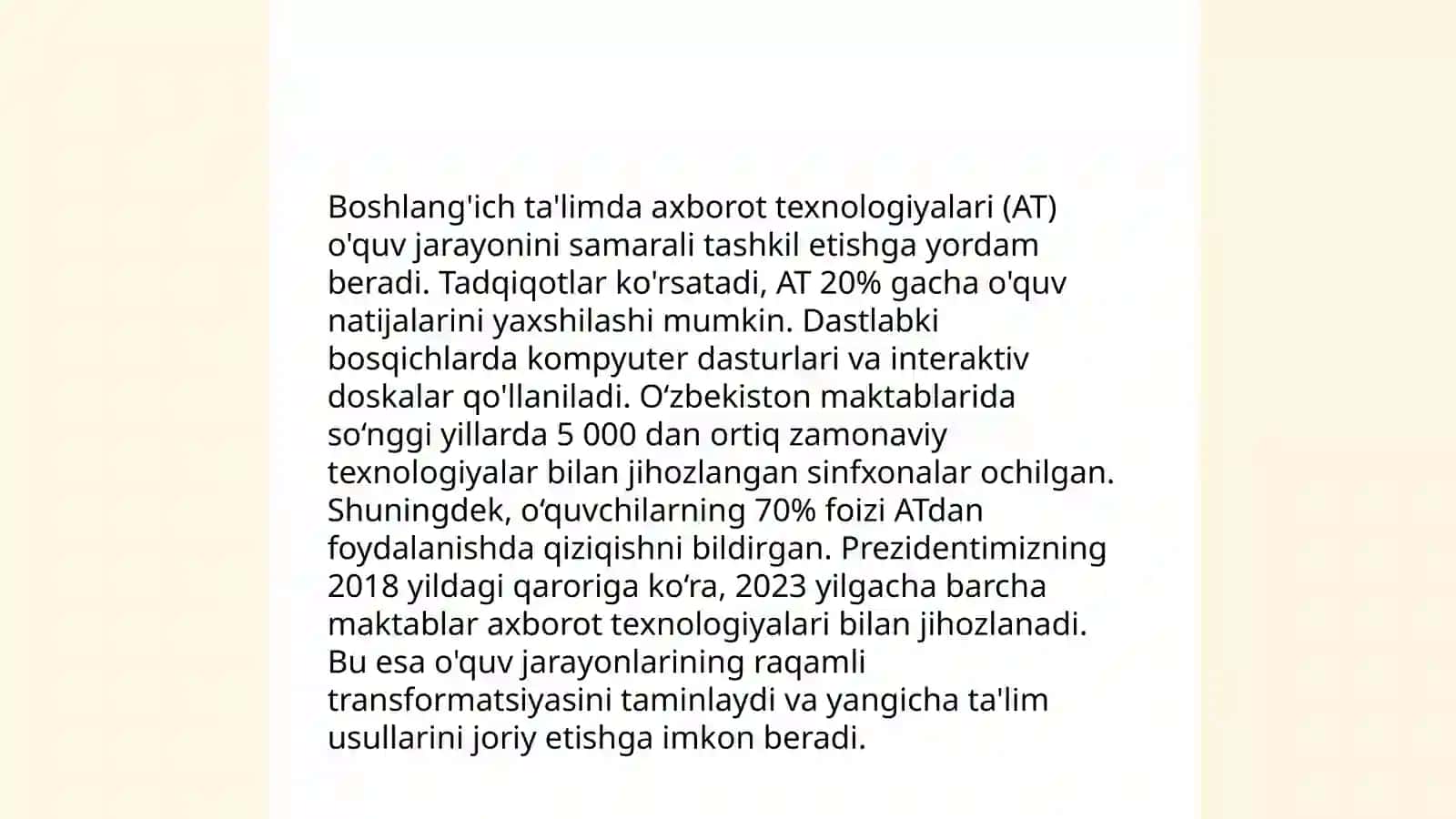 Uzluksiz taʼlim jarayonida boshlangʻich taʼlim boshlangʻich sinf oʻqituvchisining axborot kompinentligi kasbiy tayyorgarligini tushuntirish 4