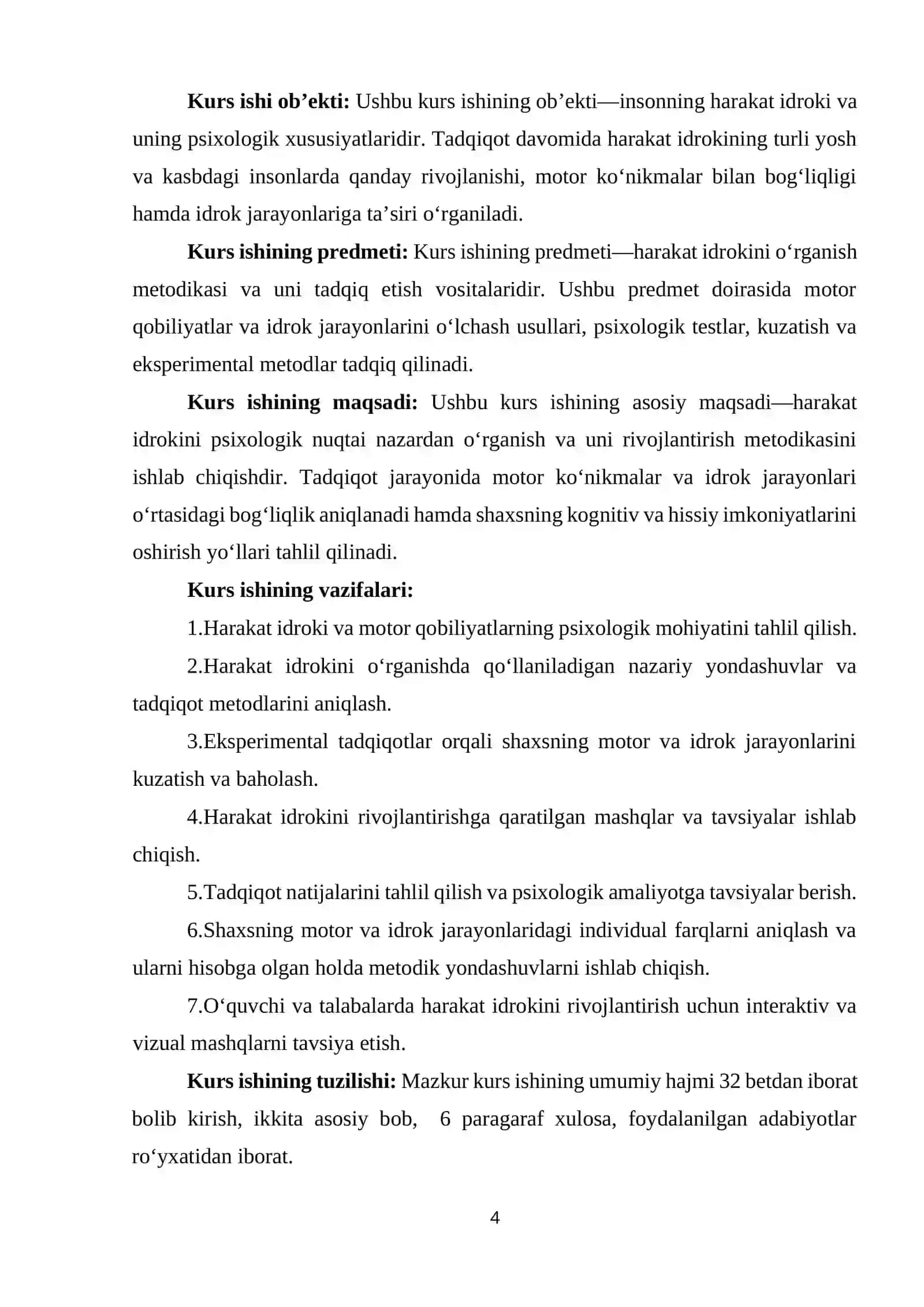 Harakat idrokini o’rganish metodikasi. KURS ISHI 4