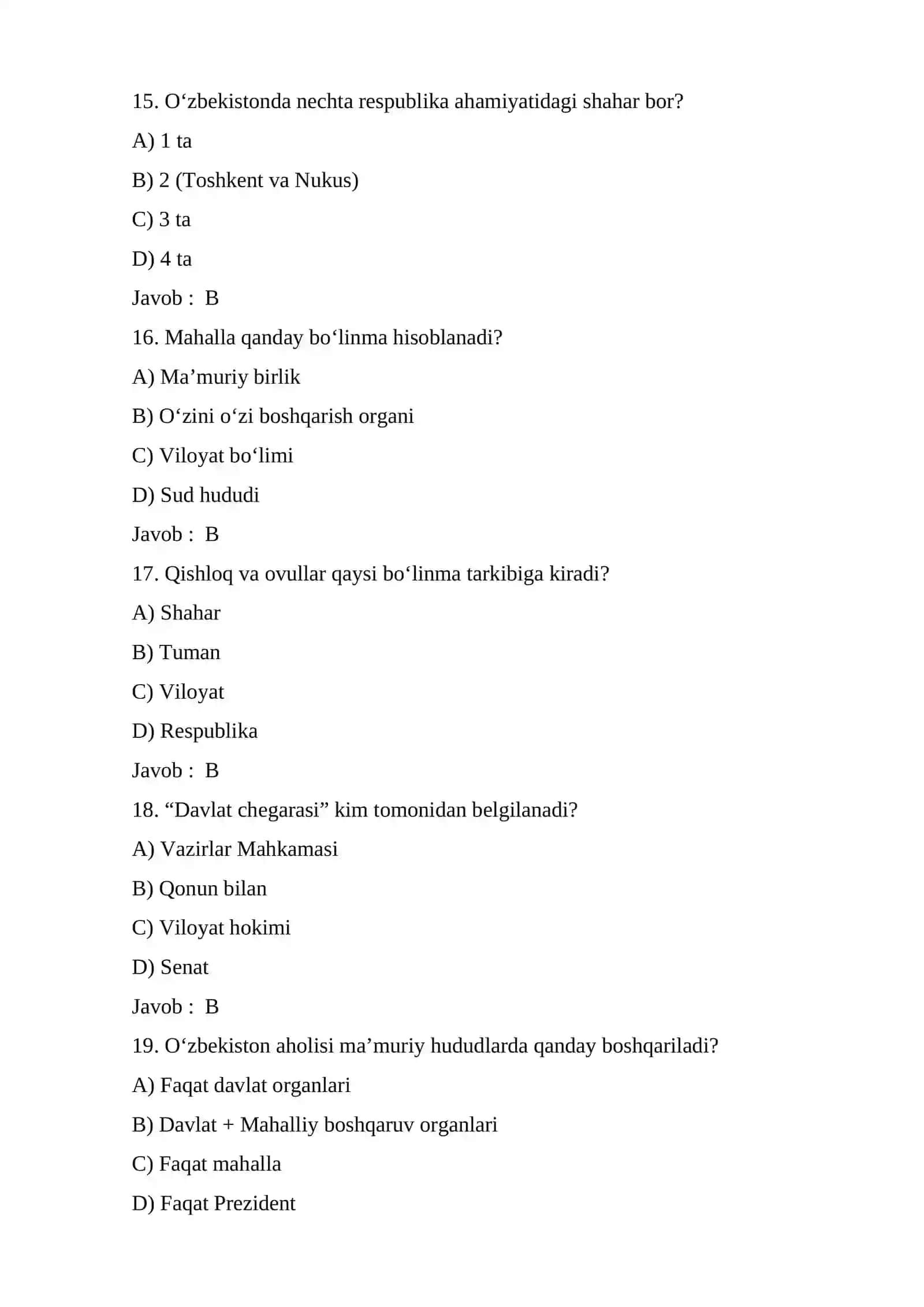 O`zbekiston Respublikasi ma`muriy hududiy tuzulishi bo`yicha test 4