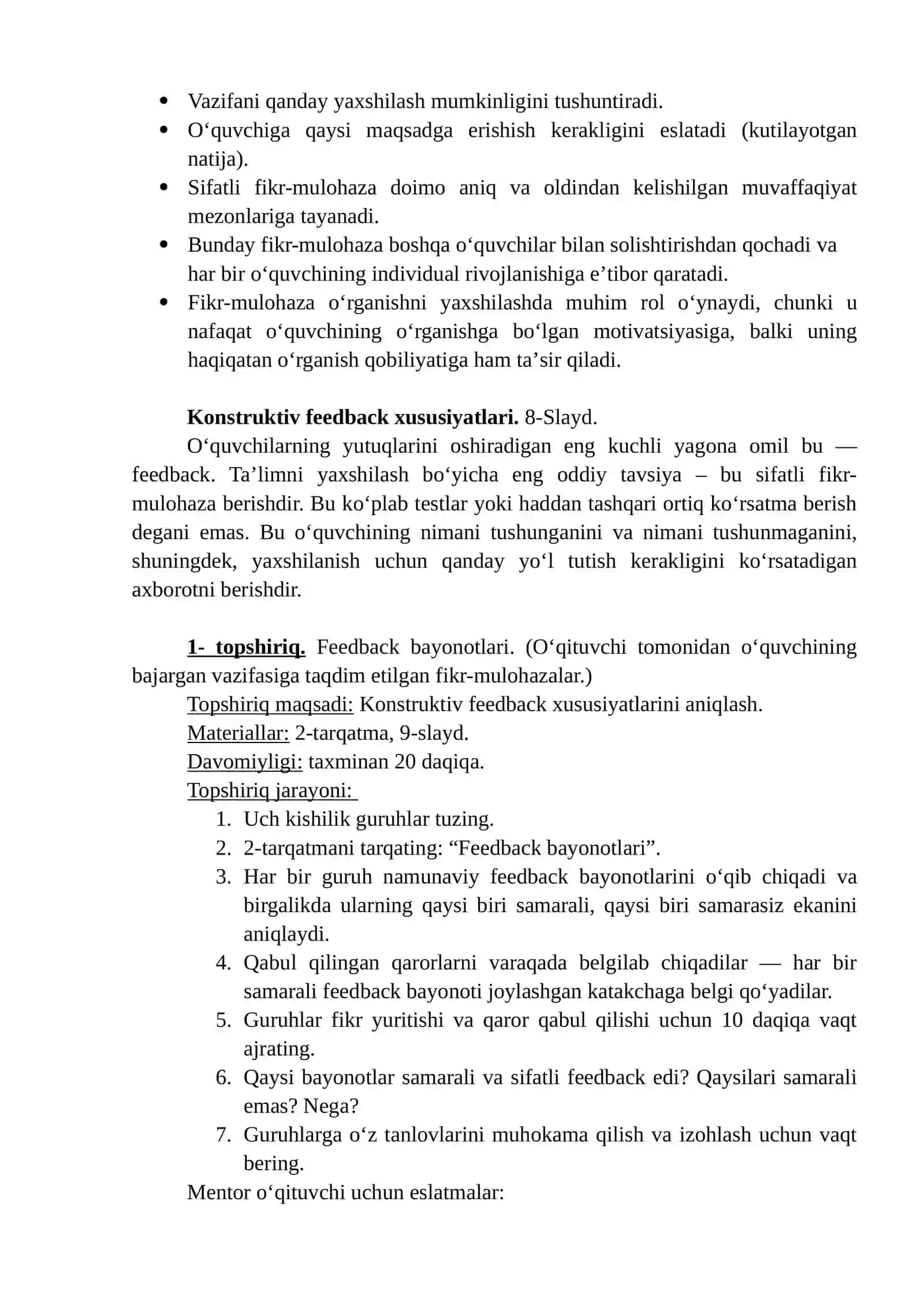 Taʼlim jarayonini chuqurlashtirishda formativ baholash va konstruktiv qayta aloqa (feedback, feedforward) amaliyotlari 4