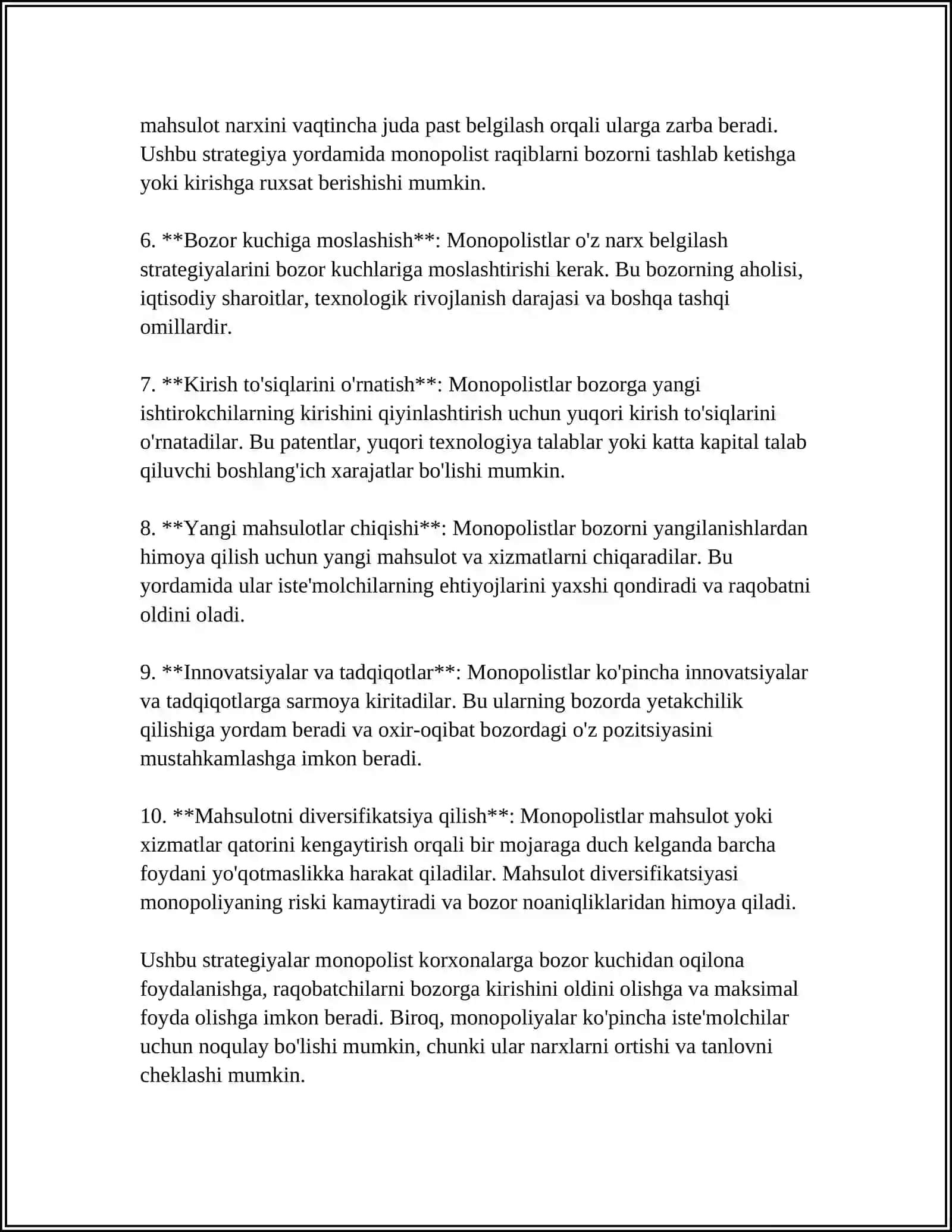 MANAPOLISTIK KORXONANING NARX SIYOSATI VA FOIDASNI MAKSIMALASHTIRISH SHARTLARI 4