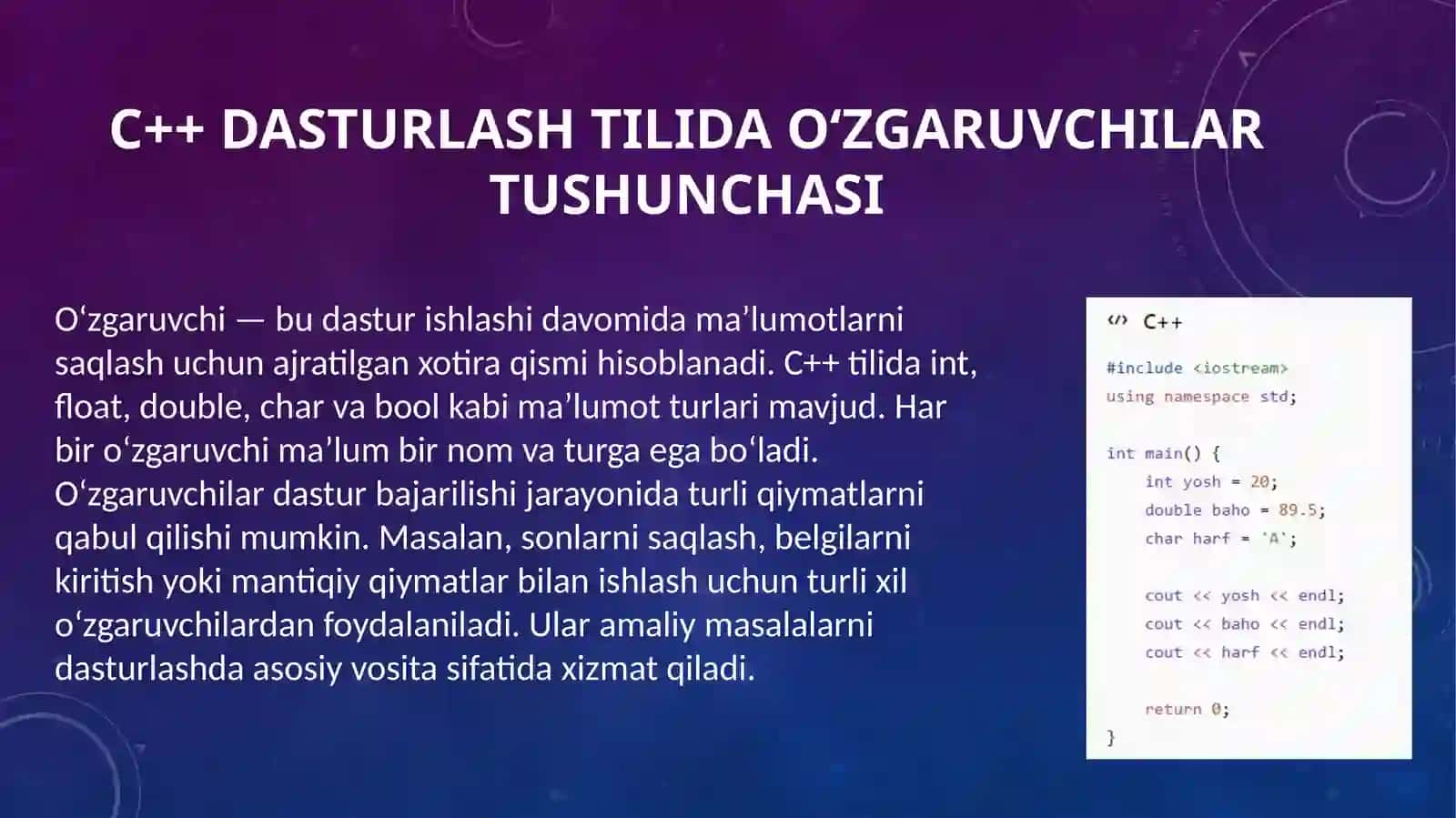 C++ dasturlash tilida o'zgaruvchilar va ifodalar yordamida 4