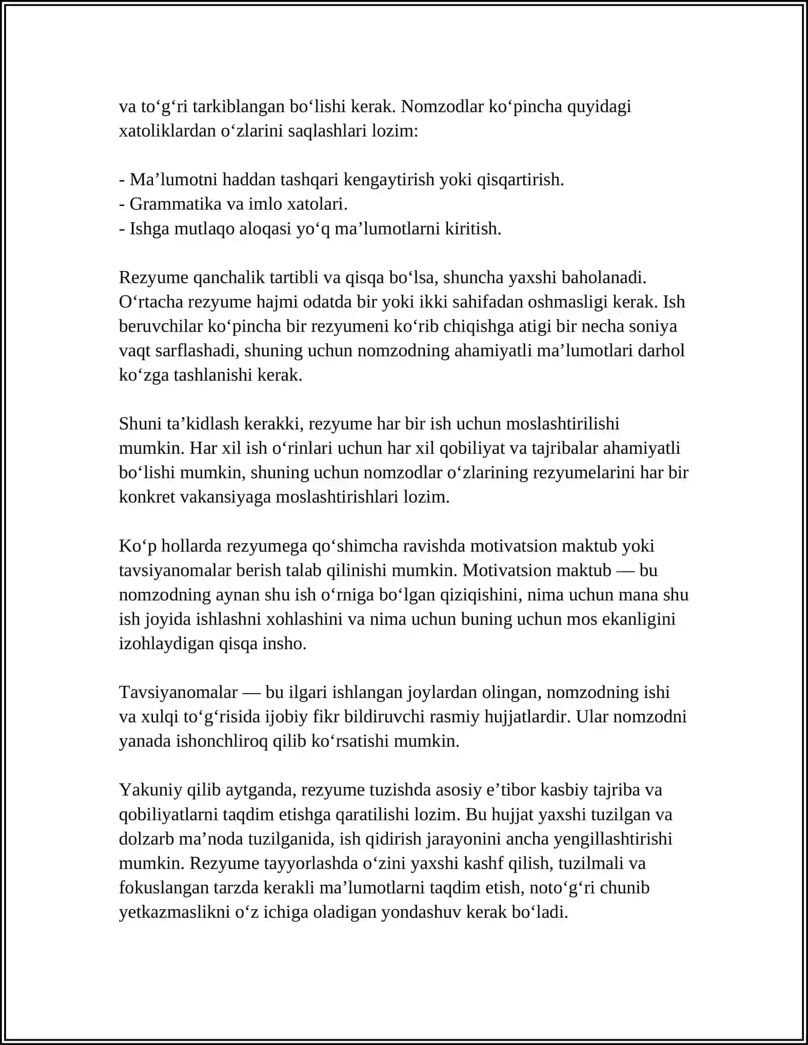REZYUME.CV.MALUMOTNOMA HUJJATLARI.ULAR ORASIDAGI FARQLAR 4