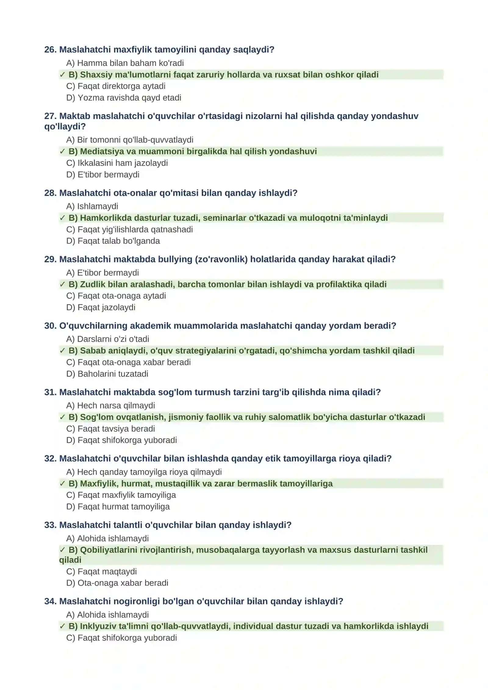 MAKTAB MASLAHATCHILIGIGA 200TALIK TEST VA JAVOBI BILAN 4
