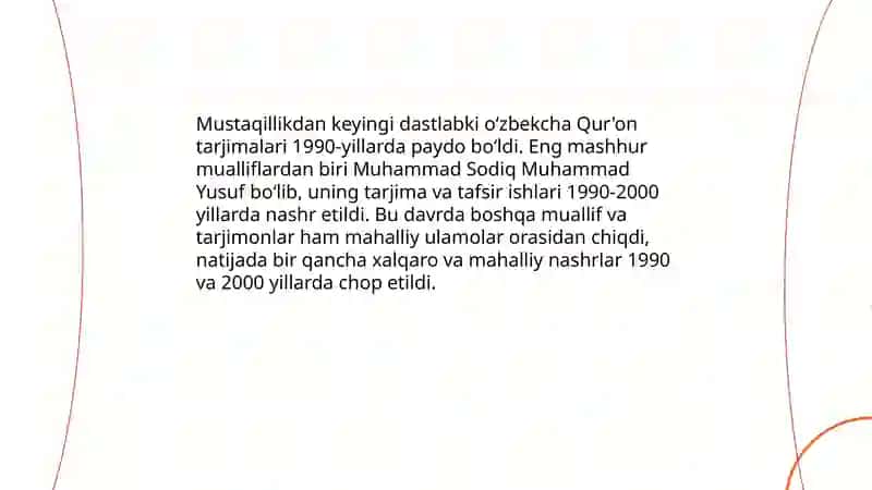 Mustaqillik yillarida Qu'oning oʻzbek tiliga tarjima qilinishi va tafsirlari haqida taqdimot 4