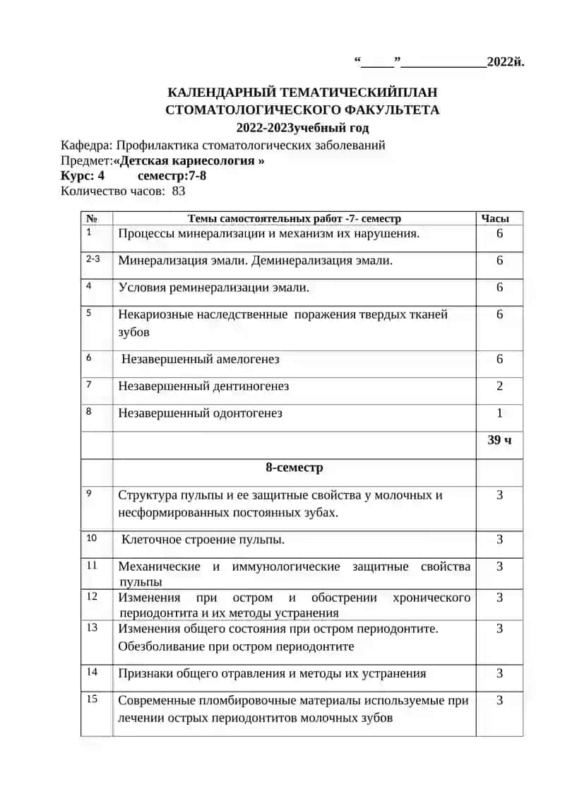 Календарный тематический план стоматологического факультета 4