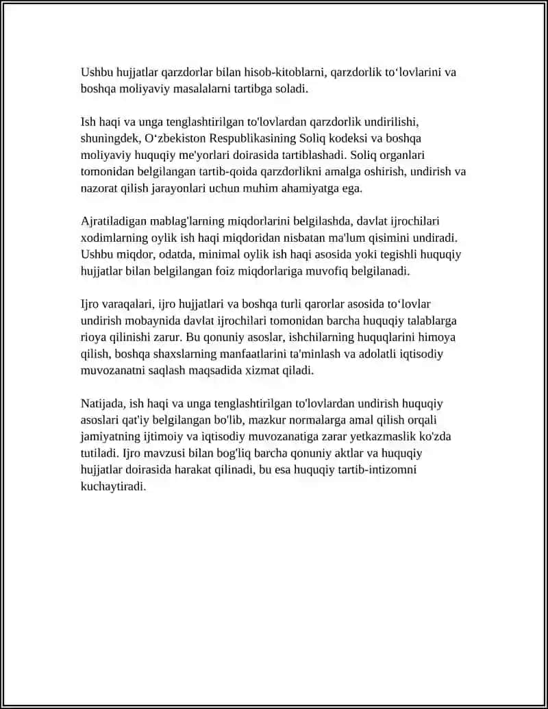 QARZDORNING ISH HAQI VA UNGA TENGLASHTIRILGAN TO'LOVLARGA NISBATAN UNDIRISH 4