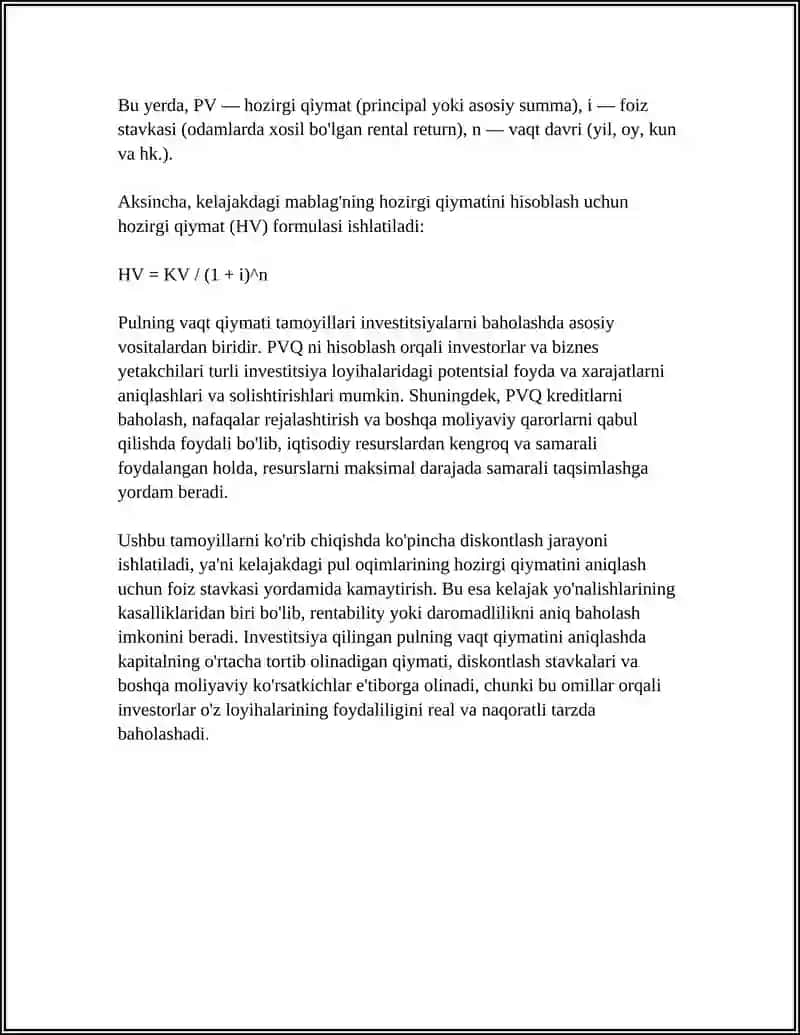 INVESTITSIYALASHNI BAXOLASH PULNING VAQT QIYMATI 4