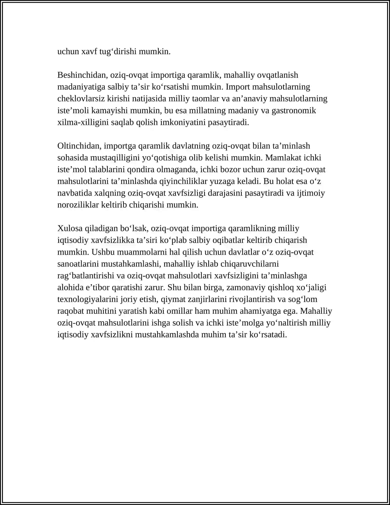 Oziq-ovqat importiga qaramlikning milliy iqtisodiy xavfsizlikka ta'siri 4