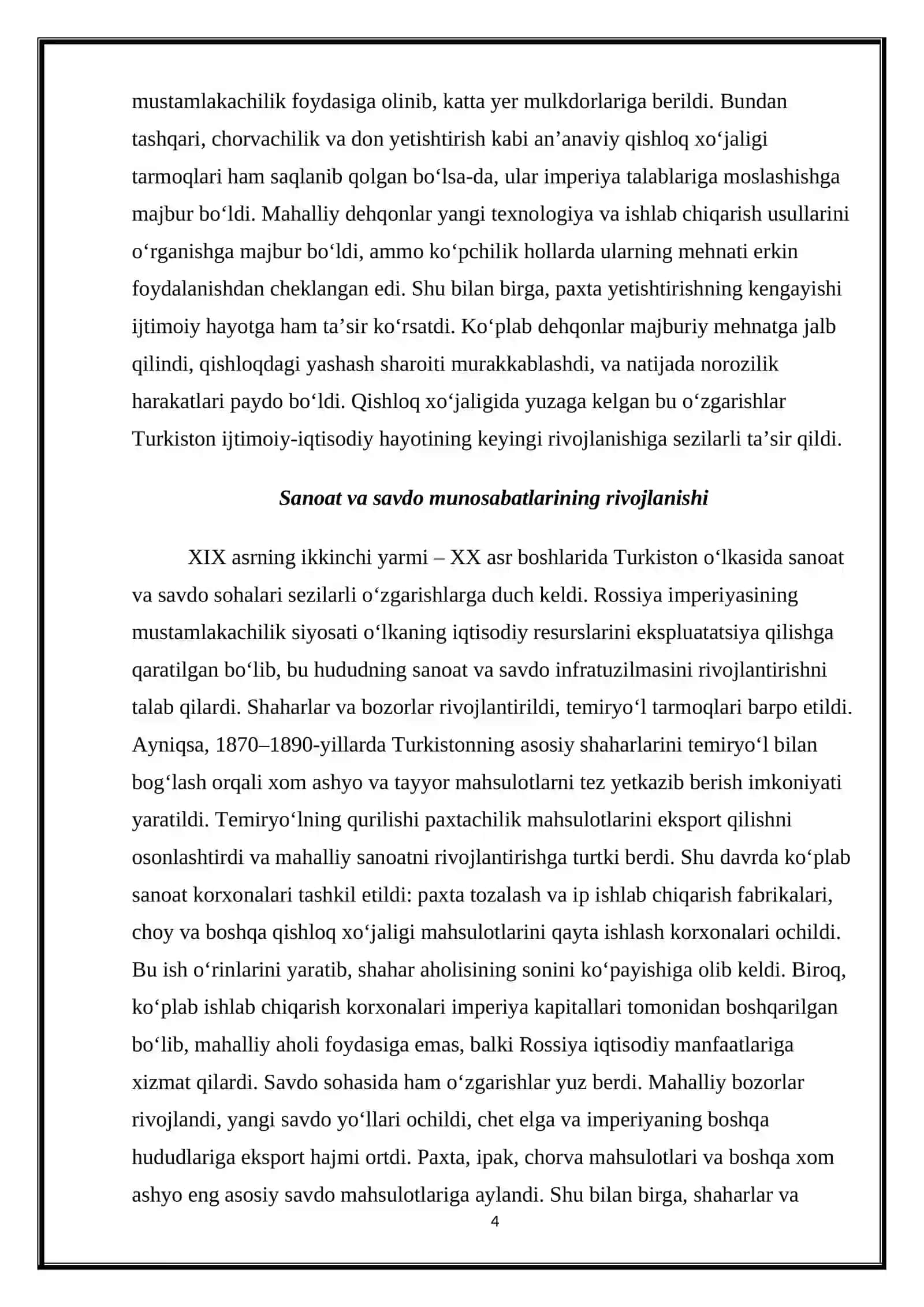 XIX asrning ikkinchi yarmi – XX asr boshlarida Turkiston o‘lkasidagi ijtimoiy-iqtisodiy hayot 4