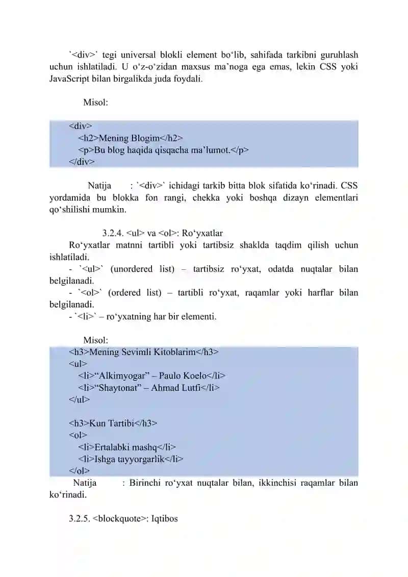 Web Texnologiyalar Fanidan Ma'ruza: Matn bilan Ishlash, Blokli va Satrli Belgilash Elementlari 4