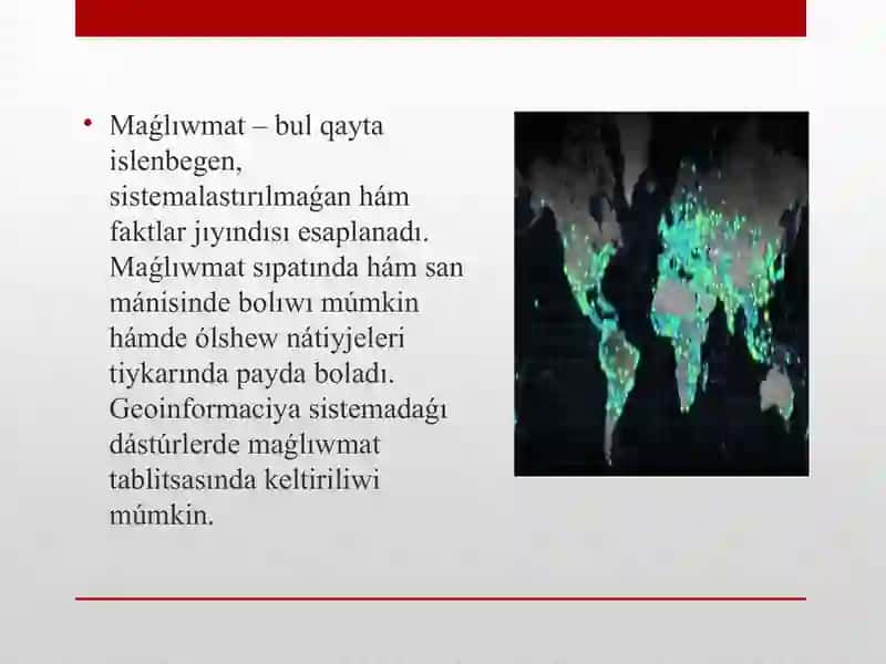 Geografiya tálim baǵdarı 2-kurs studenti Dauılbaev Rasulbektiń Topografiya, kartagrafiya hám GIS páninen Geografiyalıq informatciyalar sistemasında maǵlıwmatlar bazası temasınan islegen 4