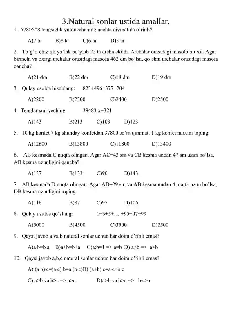5-6- sinf MATEMATIKADAN MAVZULASHTIRILGAN TESTLAR 4