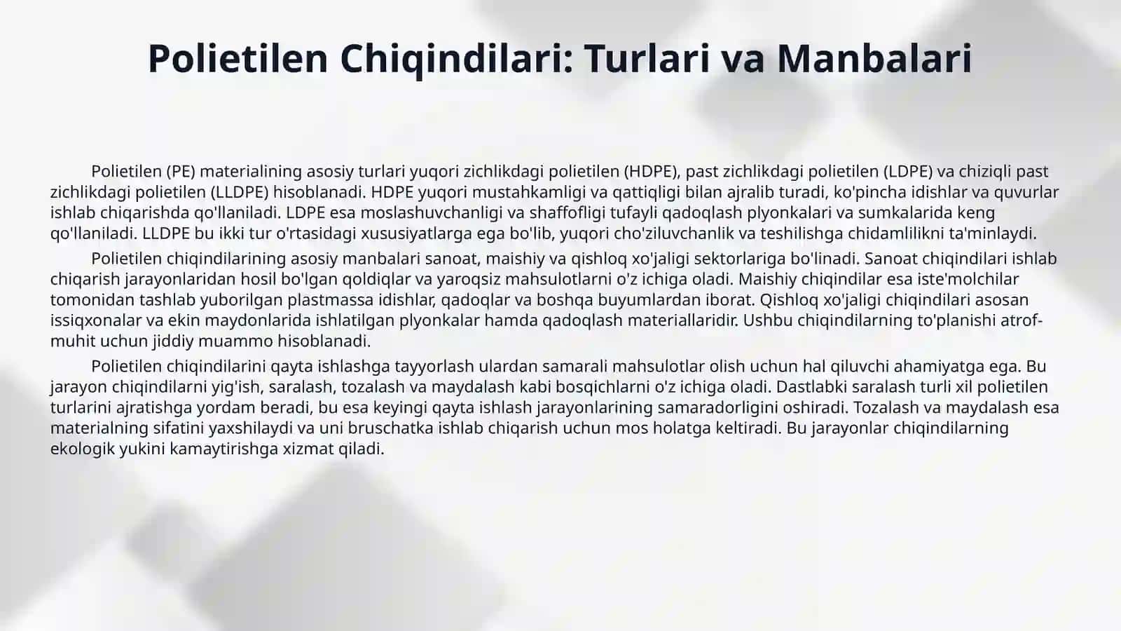 Polietilen chiqindilardan yo'lak bruschatkalari olish texnologiyasi va ularning fizik-kimyoviy xususiyatlarini o'rganish 4