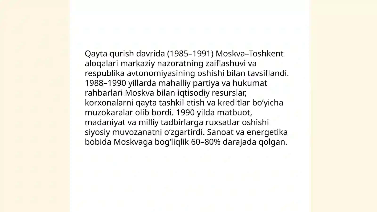 Qayta qurish davrida Oʻzbekiston Kommunistik Partiyasi va rahbarlarining roli 4