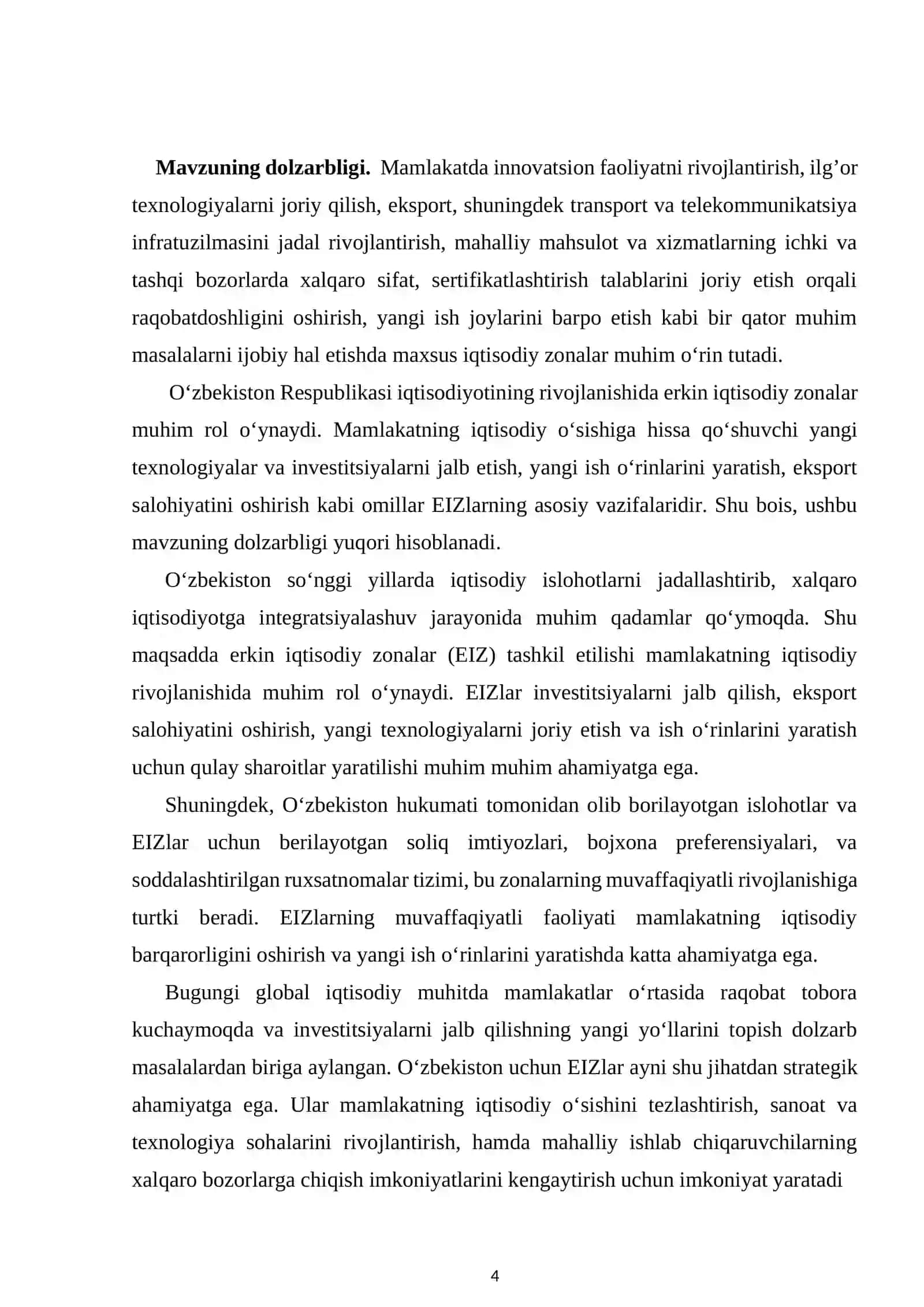 O‘zbekiston iqtisodiyotining rivojlanishida erkin iqtisodiy zonalarning iqtisodiy ahamiyati 4