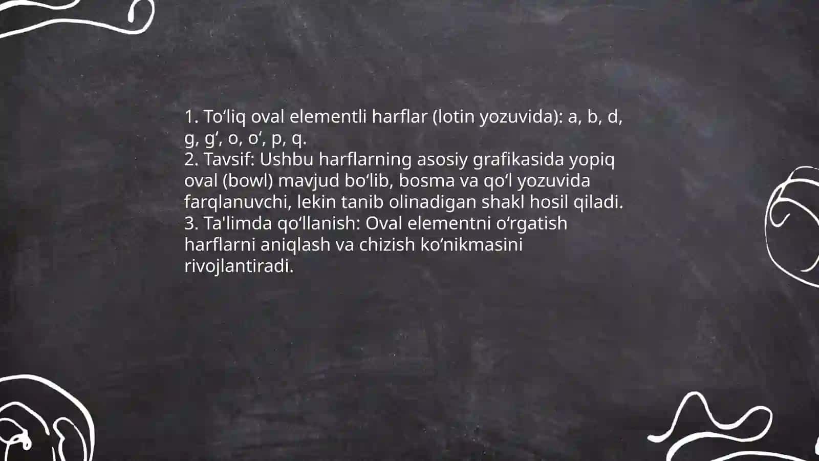 Toʻliq oval elementli harflar guruhi bilan tanishtirish 4