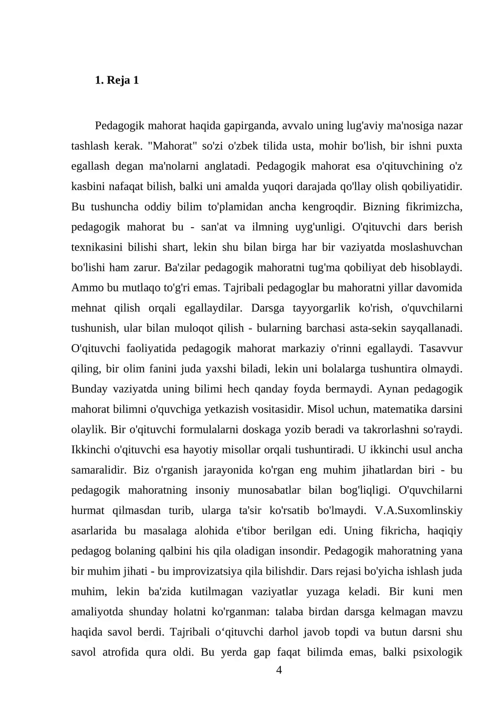 Pedagogik mahorat haqida tushuncha, uning o’qituvchi faoliyatida tutgan o’rni va ahamiyati 4