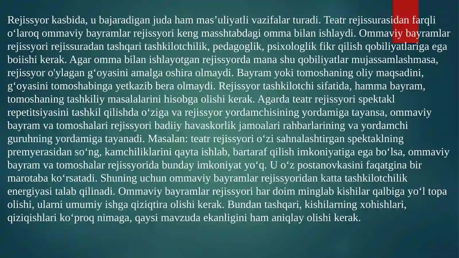 Ommaviy bayramlar, sport tadbirlari hamda sport musobaqalarini tashkil etishda rejissyorlik xislatlari 4