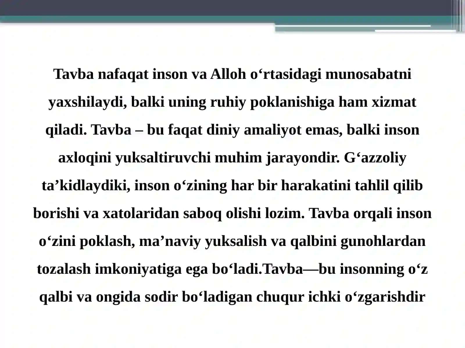 G`azzoliyning Tavba asari asosida ,,Din va axloq 4