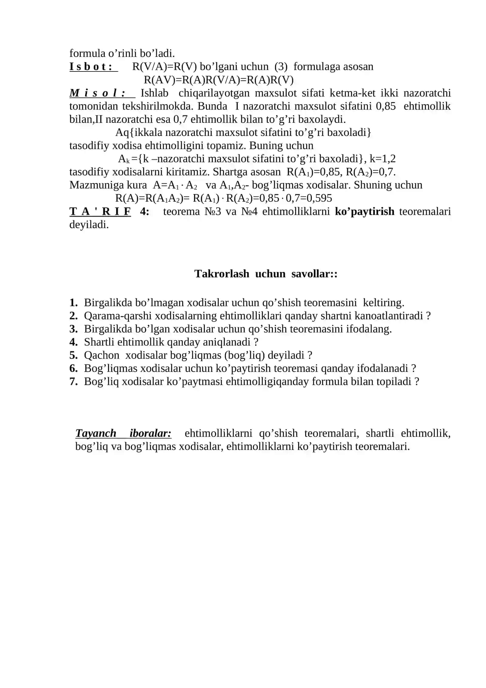 EHTIMOLLIKLARNI Qo’shish VA KO’PAYTIRISh TEOREMALARI 4