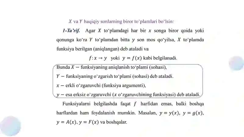 Funksiya tushunchasi. Funksiyaning berilish usullari. Chegaralangan va chegarlanmagan funksiyalar 4