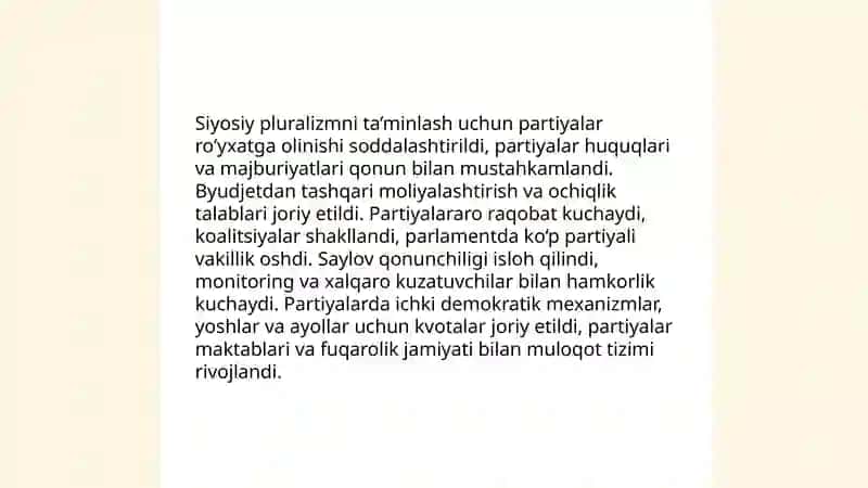 Oʻzbekistonda demokratik fuqarolik jamiyati asoslarining shakllanishi amalga oshirilgan islohotlar 4