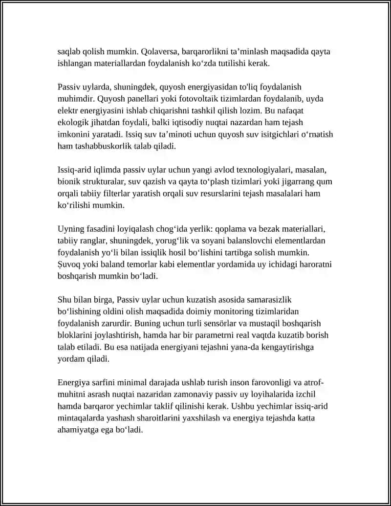 "PASSIV UY" (PASSIVHAUS) ISSIQ ARID IQLIM SHAROITIDA: NEMIS STANDARTINI MOSLASHTIRISH, SOVUTISHGA E’TIBOR QARATISH 4