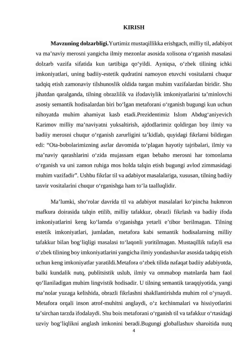 "Oʻzbek tilida metafora" mavzusida yozilgan BITIRUV MALAKAVIY ISHI 4