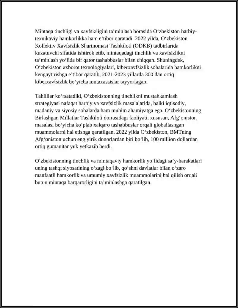 Oʻzbekistonning mintaqaviy diplomatiyasi va tinchlikni mustahkamlash strategiyasi 4