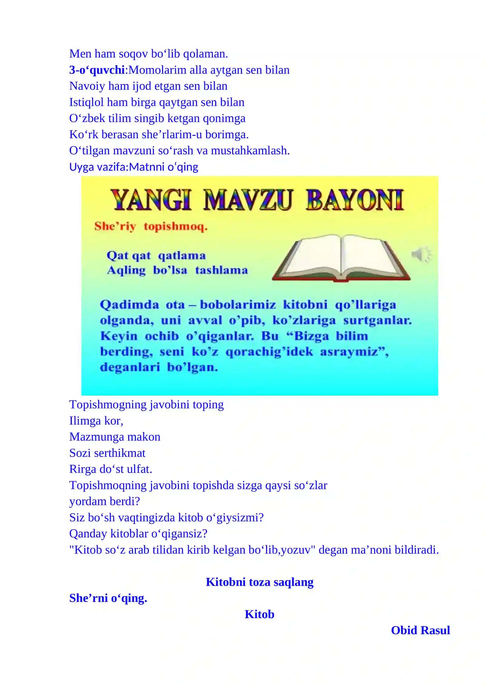 1-sinf o'qish fanidan Kitoblar makoni dars ishlanma 3-chorak 4