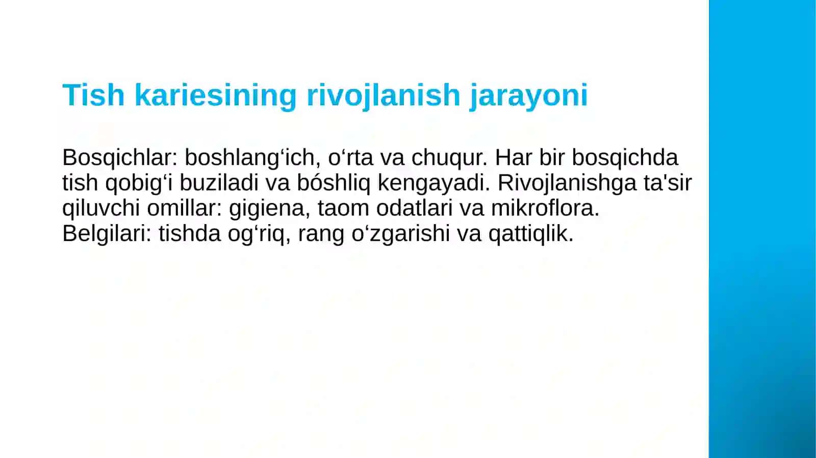 TISH QATTIQ TÓQIMALARINING KARIES VA NOKARIES KASALLIKLARI BEMORLAR DISPANSERIZATSIYA 4