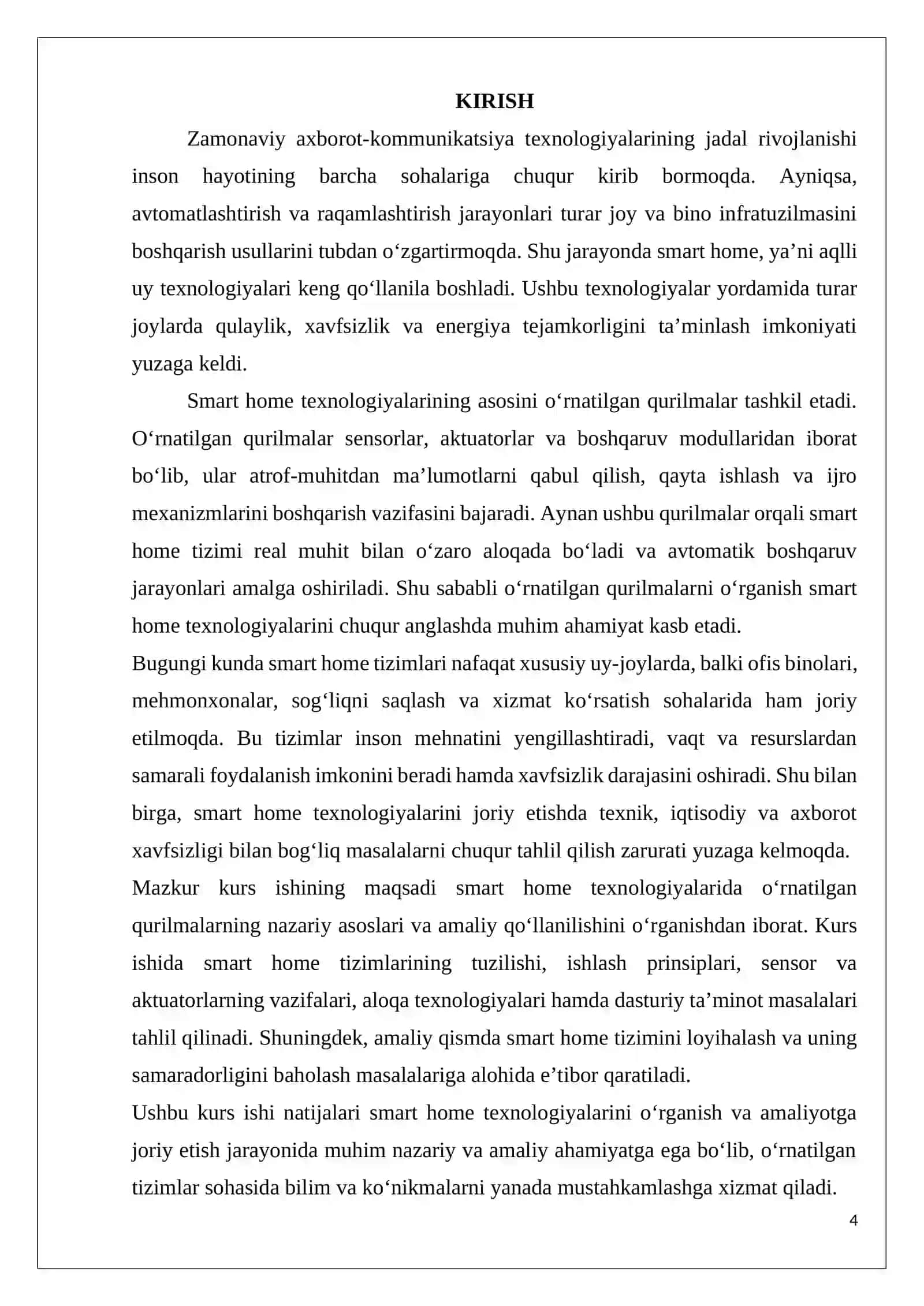 SMART HOME TEXNOLOGIYALARIDA O‘RNATILGAN QURILMALAR KURS ISHI ISHIGA HISOBOT YOZUVI 4