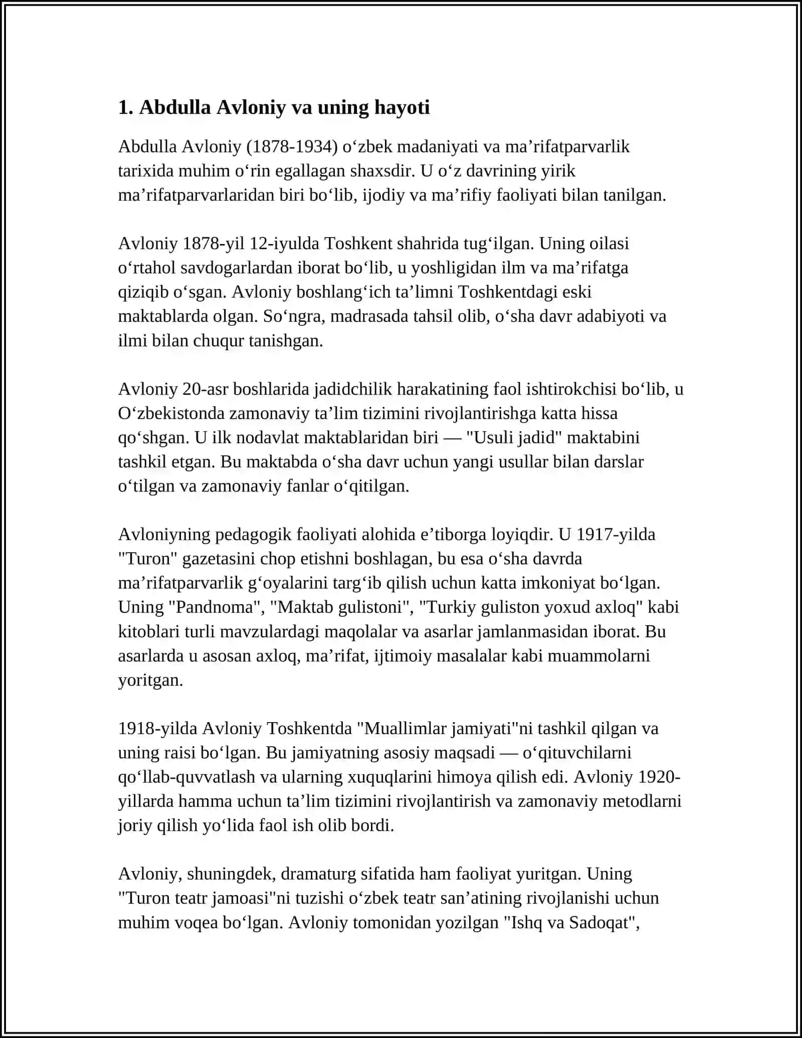 ABDULLA AVLONIYNING KOMIL INSON HAQIDAGI QARASHLARI MAVZUSIDA ESSE TAYYORLASH 4
