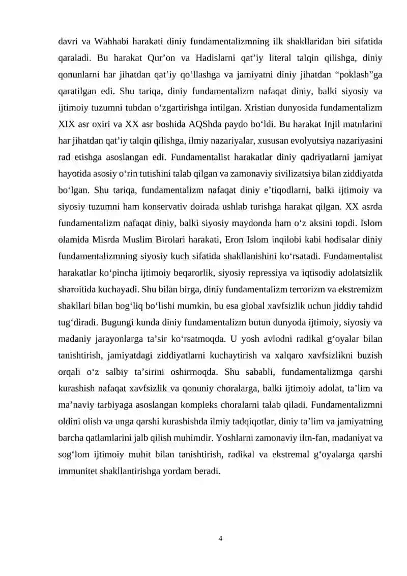 Diniy fundamentalizm, ekstremizm, radikalizm va terrorizmning tarixi va yo'nalishlari. 4