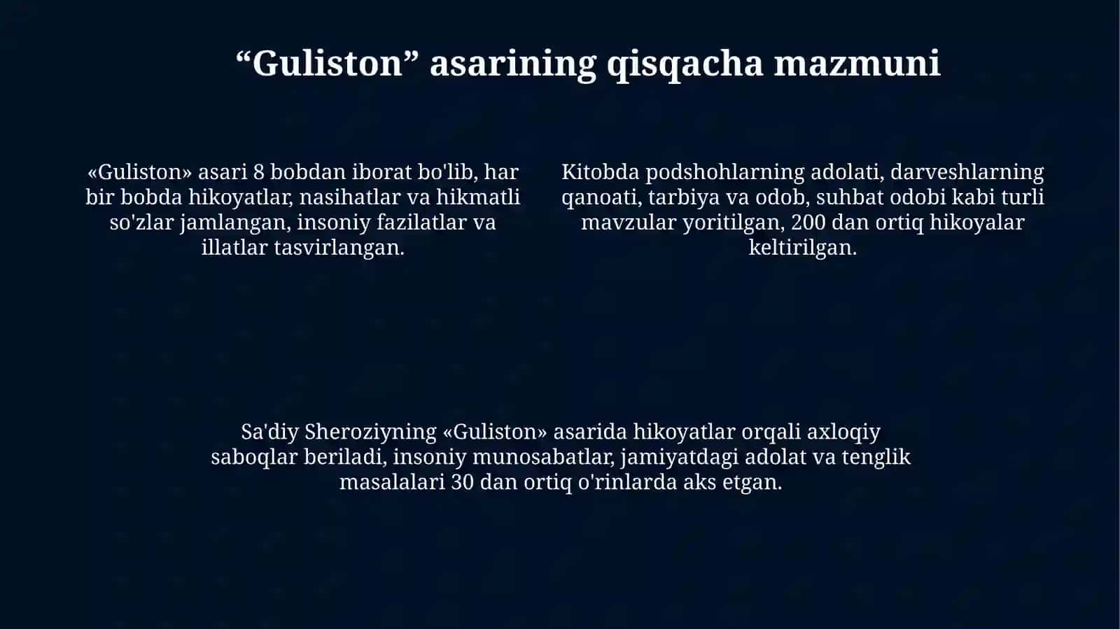 Sa’diy Sheroziy “Guliston” asarining Sharq adabiyotida tutgan o‘rni 4